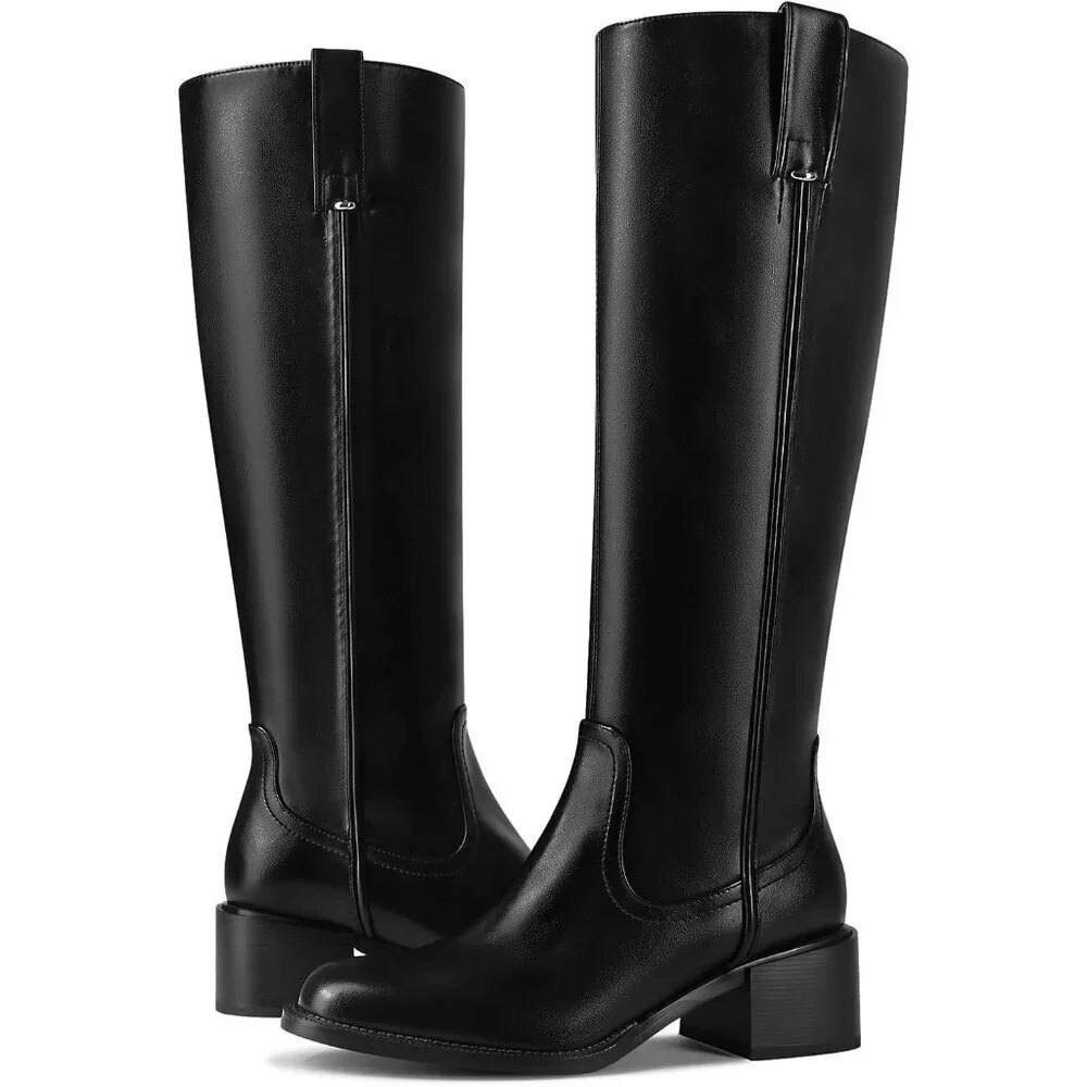 Women's Black Chunky Low Block Heel Round Toe Faux Leather Knee High Boots